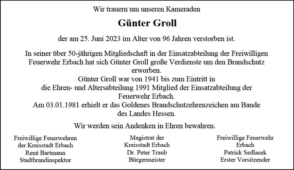  Traueranzeige für Günter Groll vom 08.07.2023 aus Odenwälder Echo