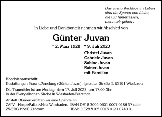 Traueranzeige von Günter Juvan von Wiesbadener Kurier