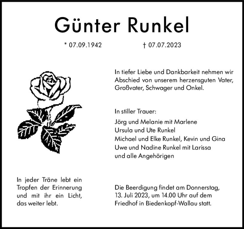  Traueranzeige für Günter Runkel vom 11.07.2023 aus Hinterländer Anzeiger