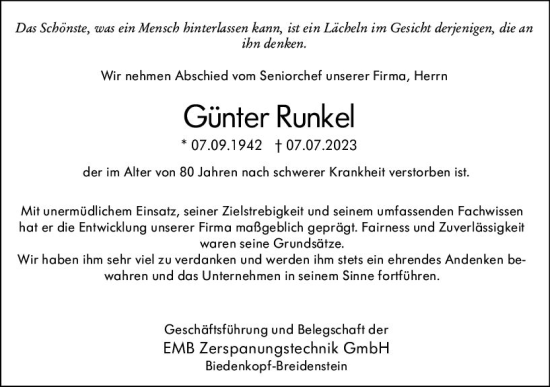 Traueranzeige von Günter Runkel von Hinterländer Anzeiger