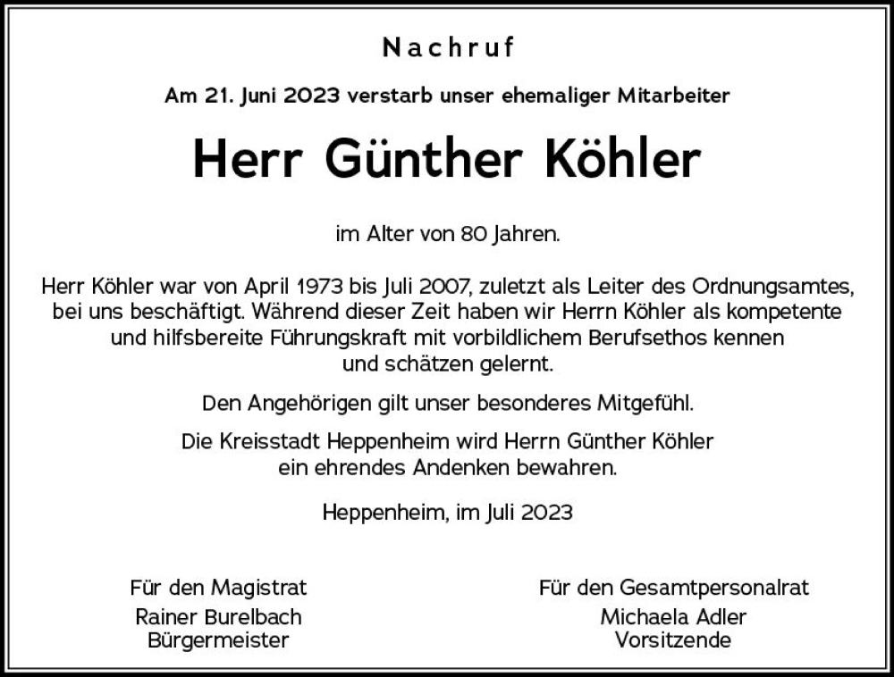  Traueranzeige für Günther Köhler vom 05.07.2023 aus Starkenburger Echo