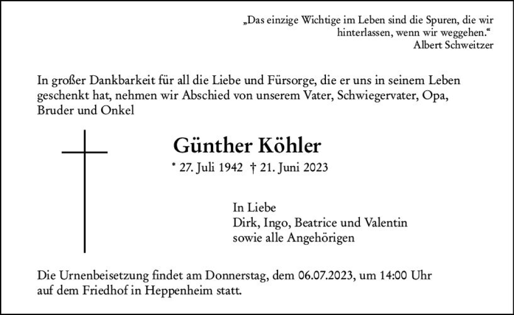  Traueranzeige für Günther Köhler vom 04.07.2023 aus Starkenburger Echo