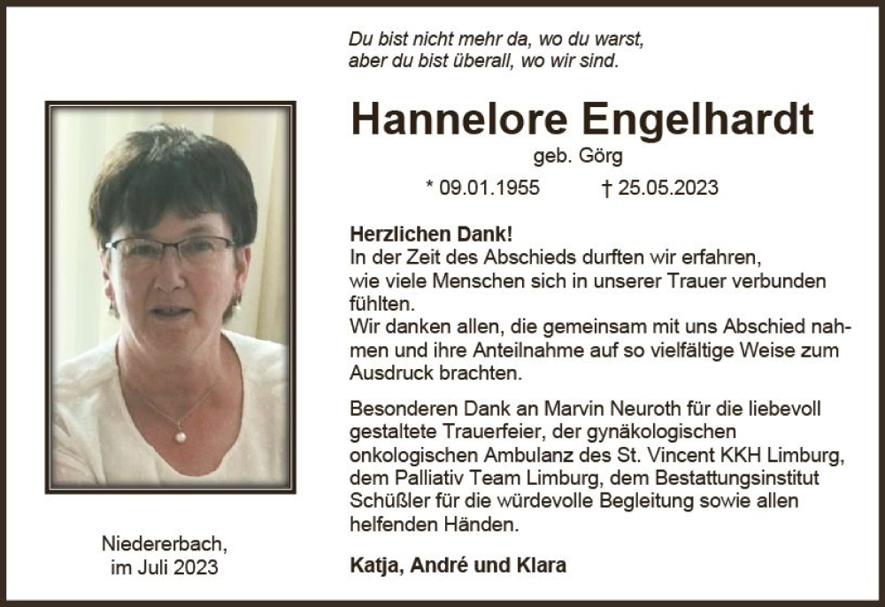  Traueranzeige für Hannelore Engelhardt vom 08.07.2023 aus Nassauische Neue Presse