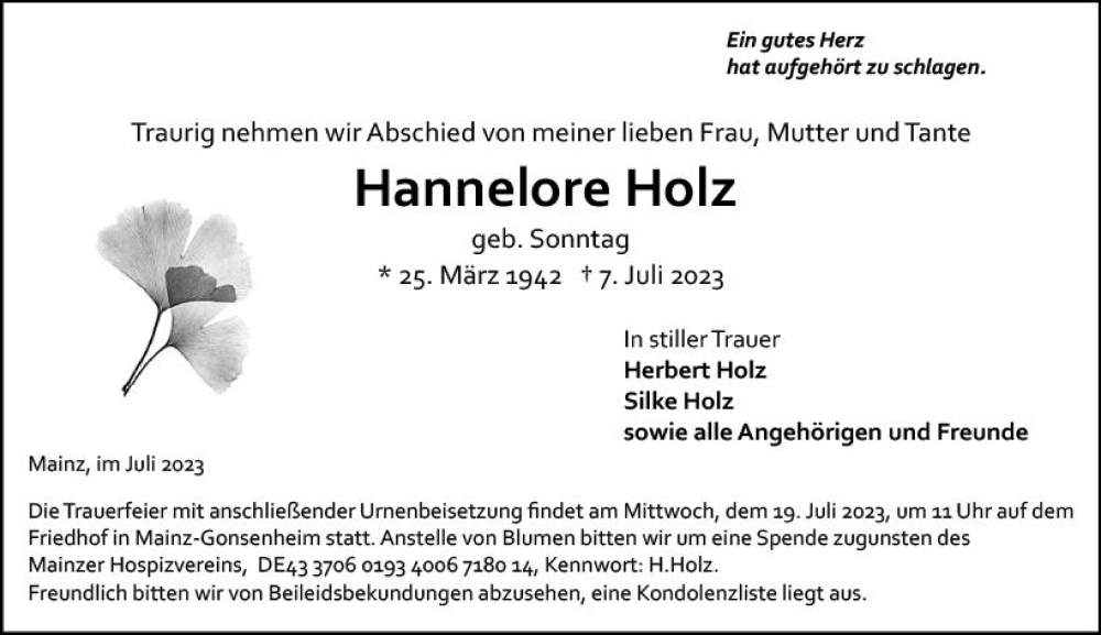  Traueranzeige für Hannelore Holz vom 15.07.2023 aus Allgemeine Zeitung Mainz