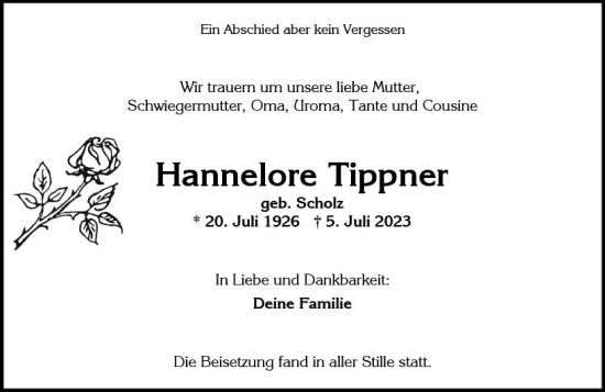 Traueranzeige von Hannelore Tippner von Wiesbadener Kurier