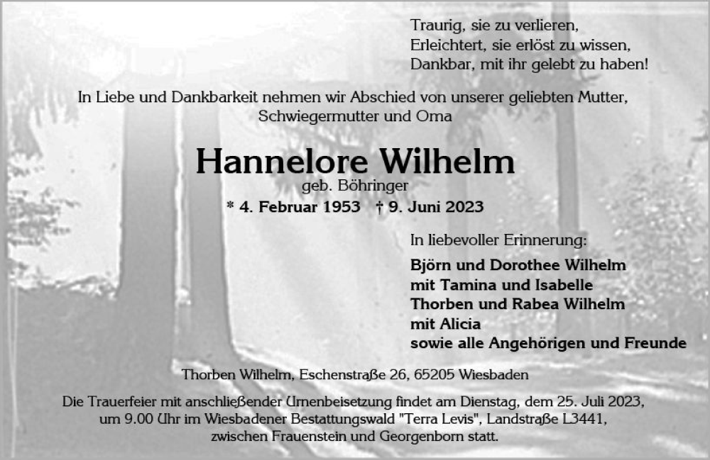  Traueranzeige für Hannelore Wilhelm vom 15.07.2023 aus Wiesbadener Kurier
