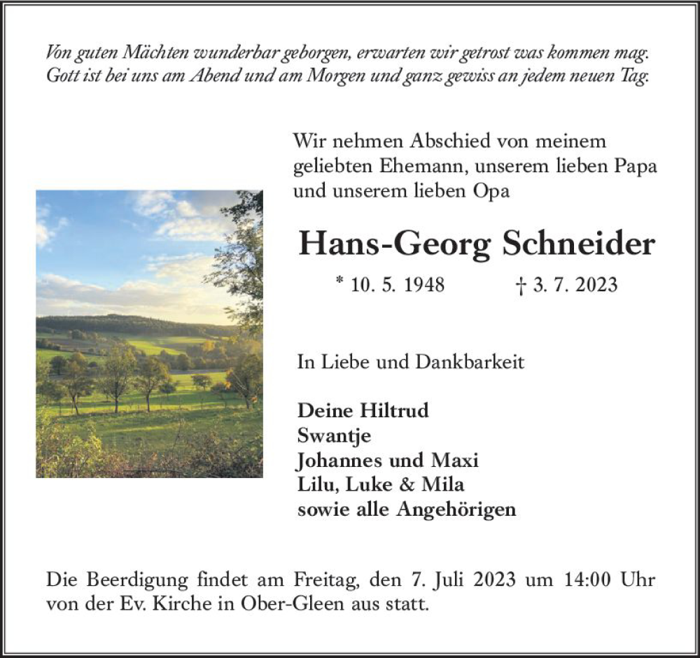  Traueranzeige für Hans-Georg Schneider vom 05.07.2023 aus VRM Trauer