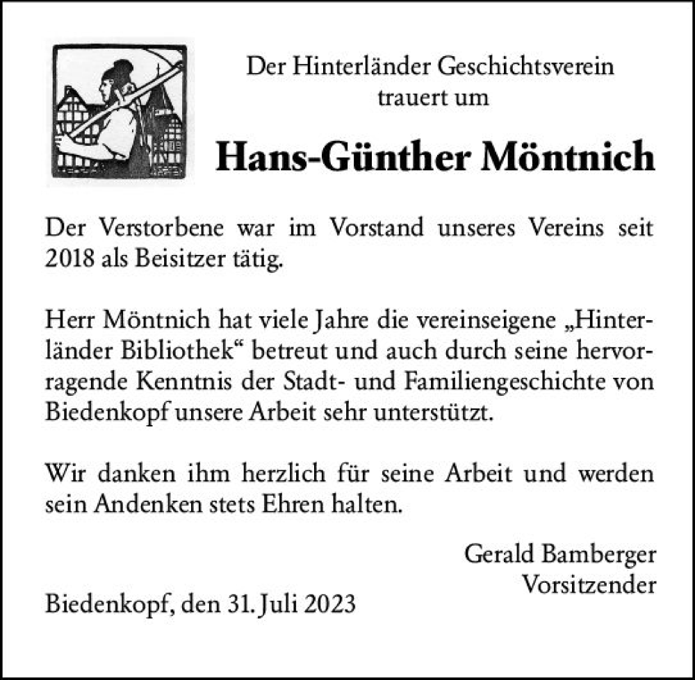  Traueranzeige für Hans-Günther Möntnich vom 31.07.2023 aus Hinterländer Anzeiger
