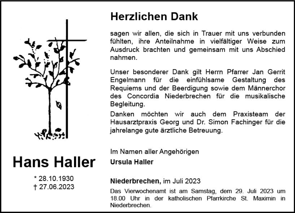  Traueranzeige für Hans Haller vom 20.07.2023 aus Camberger Anzeiger