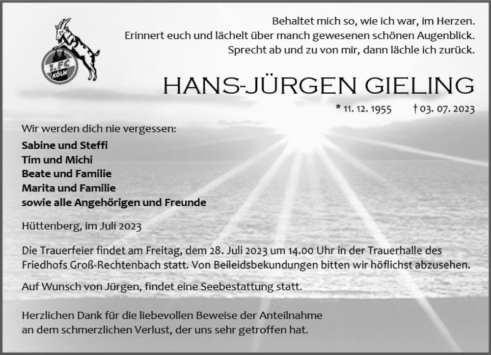  Traueranzeige für Hans-Jürgen Gieling vom 22.07.2023 aus Wetzlarer Neue Zeitung