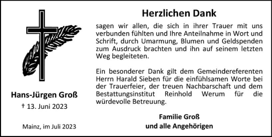 Traueranzeige von Hans-Jürgen Groß von Allgemeine Zeitung Mainz