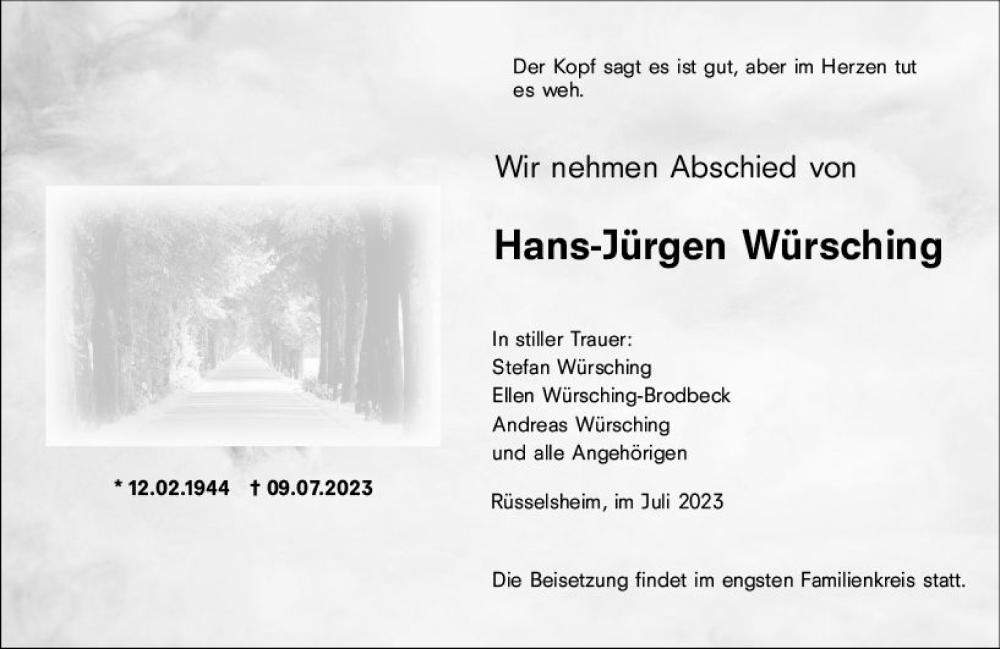  Traueranzeige für Hans-Jürgen Würsching vom 22.07.2023 aus Rüsselsheimer Echo
