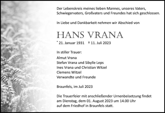 Traueranzeige von Hans Vrana von Wetzlarer Neue Zeitung