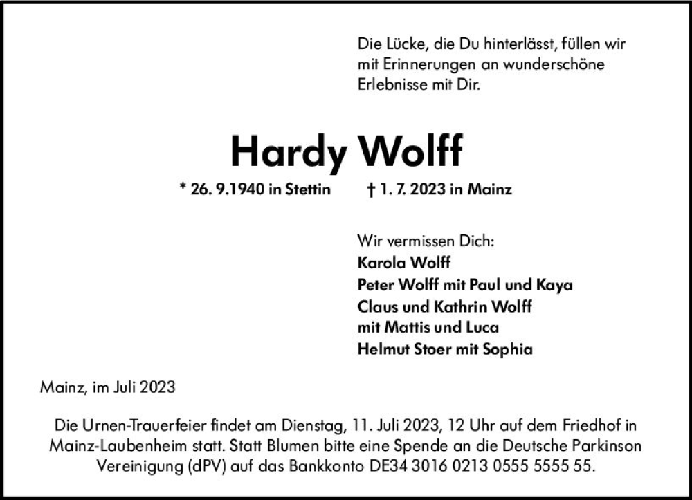  Traueranzeige für Hardy Wolff vom 08.07.2023 aus Allgemeine Zeitung Mainz