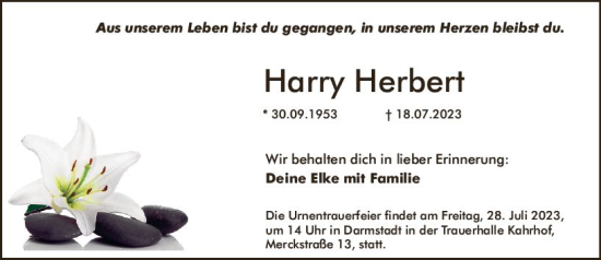 Traueranzeige von Harry Herbert von Darmstädter Echo