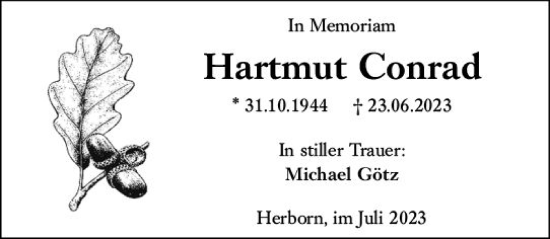 Traueranzeige von Hartmut Conrad von Dill Block
