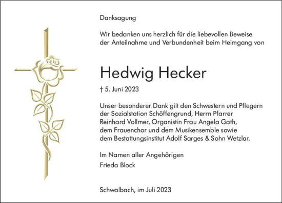 Traueranzeige von Hedwig Hecker von Wetzlarer Neue Zeitung