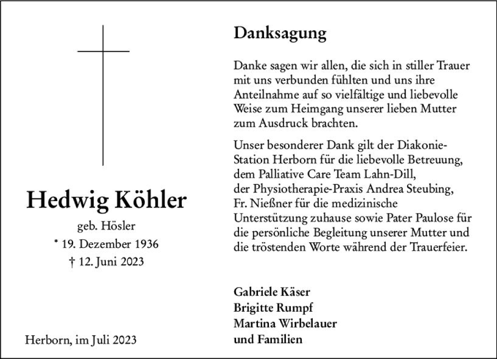  Traueranzeige für Hedwig Köhler vom 08.07.2023 aus Dill Block