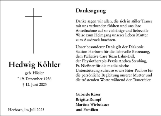 Traueranzeige von Hedwig Köhler von Dill Block