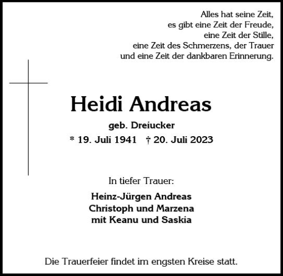 Traueranzeige von Heidi Andreas von Wiesbadener Kurier