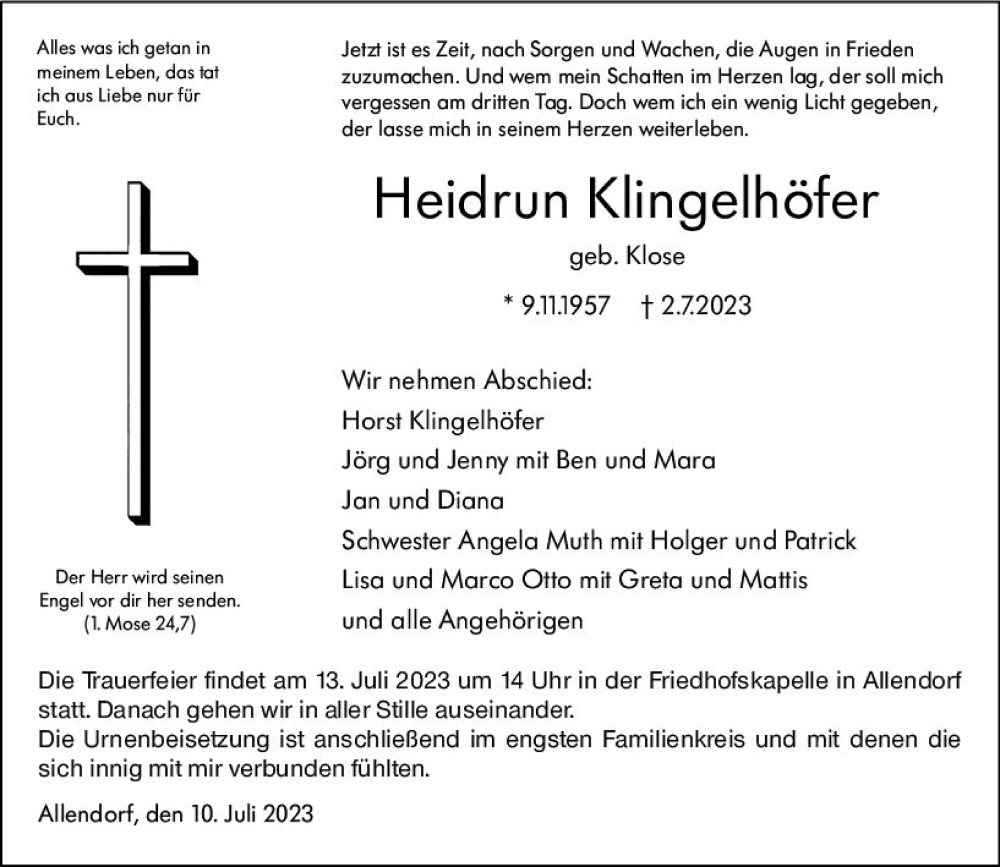  Traueranzeige für Heidrun Klingelhöfer vom 10.07.2023 aus Hinterländer Anzeiger