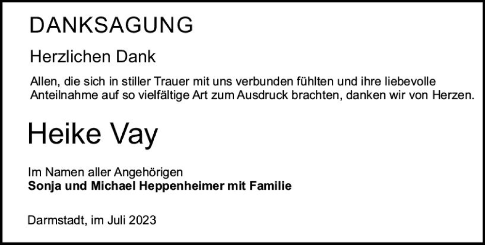  Traueranzeige für Heike Vay vom 15.07.2023 aus Darmstädter Echo