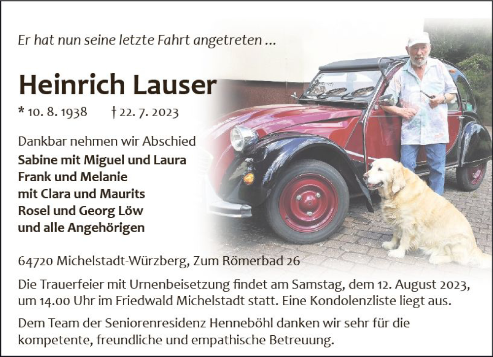  Traueranzeige für Heinrich Lauser vom 29.07.2023 aus Odenwälder Echo
