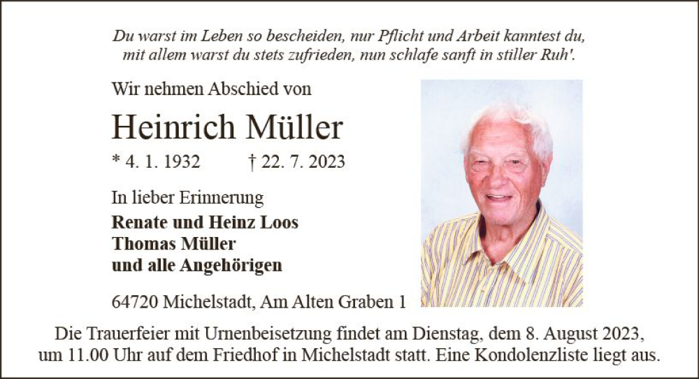  Traueranzeige für Heinrich Müller vom 29.07.2023 aus Odenwälder Echo