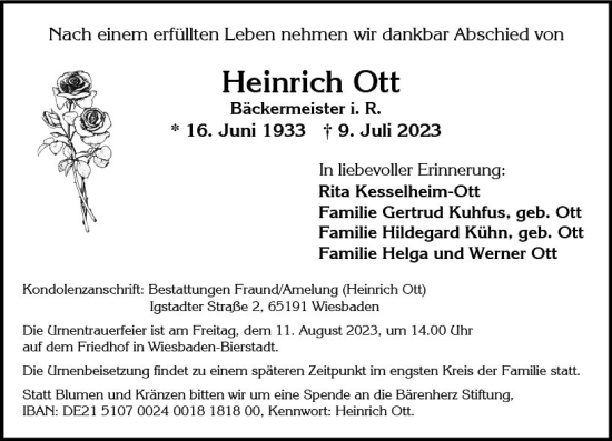 Traueranzeige von Heinrich Ott von Wiesbadener Kurier