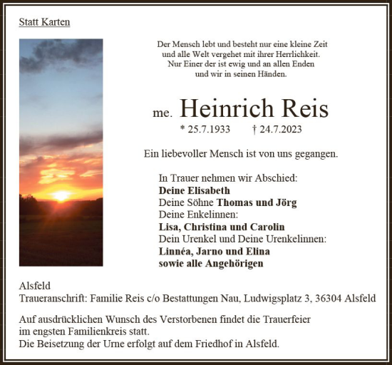 Traueranzeige von Heinrich Reis von VRM Trauer