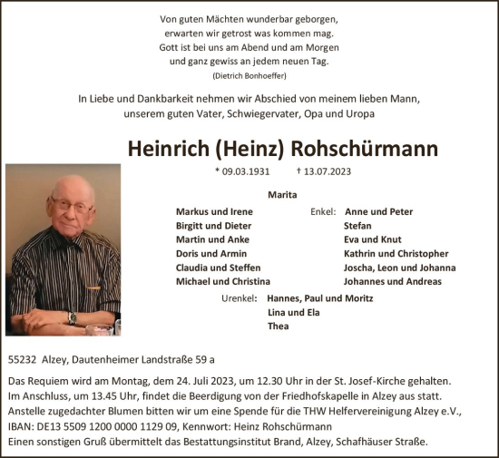 Traueranzeige von Heinrich Rohschürmann von Allgemeine Zeitung Alzey