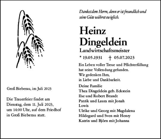 Traueranzeige von Heinz Dingeldein von Darmstädter Echo