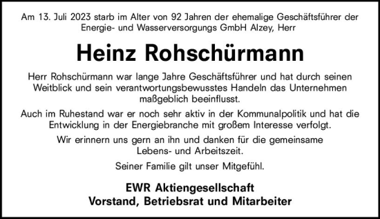 Traueranzeige von Heinz Rohschürmann von Allgemeine Zeitung Alzey