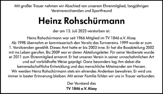 Traueranzeige von Heinz Rohschürmann von Allgemeine Zeitung Alzey