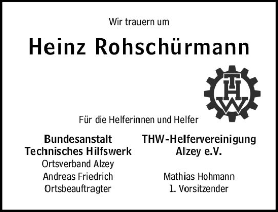 Traueranzeige von Heinz Rohschürmann von Allgemeine Zeitung Alzey