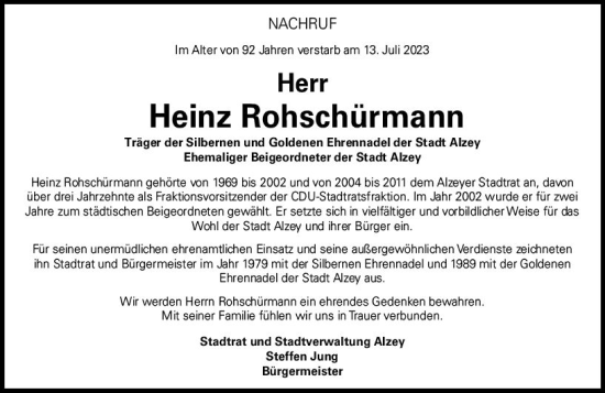 Traueranzeige von Heinz Rohschürmann von Allgemeine Zeitung Alzey