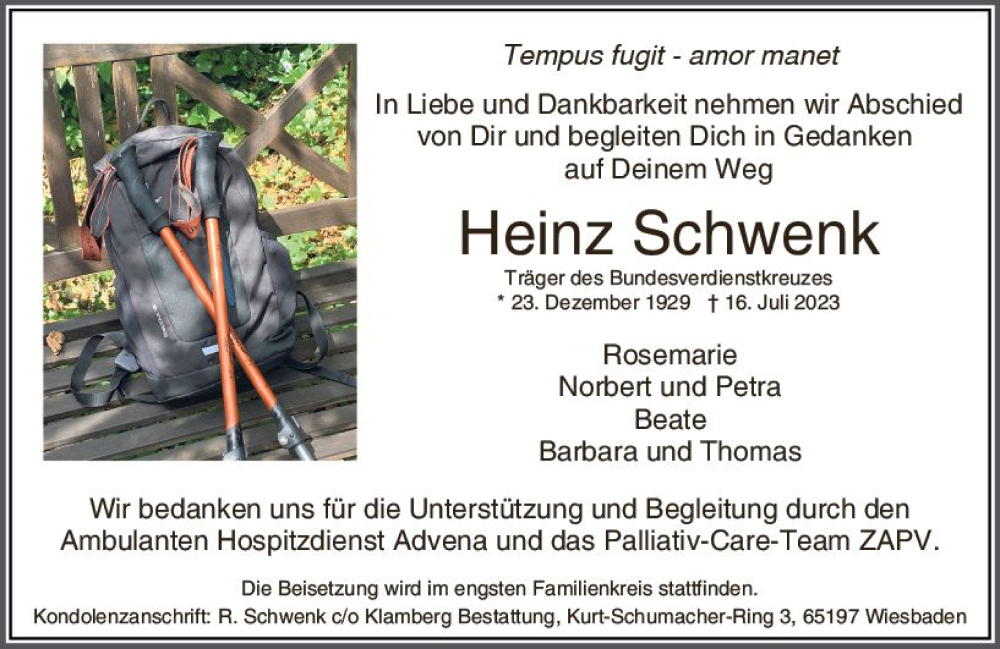  Traueranzeige für Heinz Schwenk vom 22.07.2023 aus Wiesbadener Kurier
