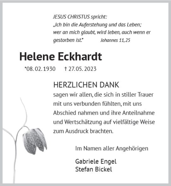 Traueranzeige von Helene Eckhardt von Dill Block