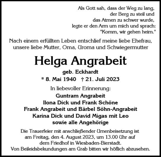 Traueranzeige von Helga Angrabeit von Wiesbadener Kurier