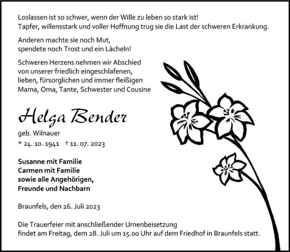  Traueranzeige für Helga Bender vom 26.07.2023 aus Wetzlarer Neue Zeitung