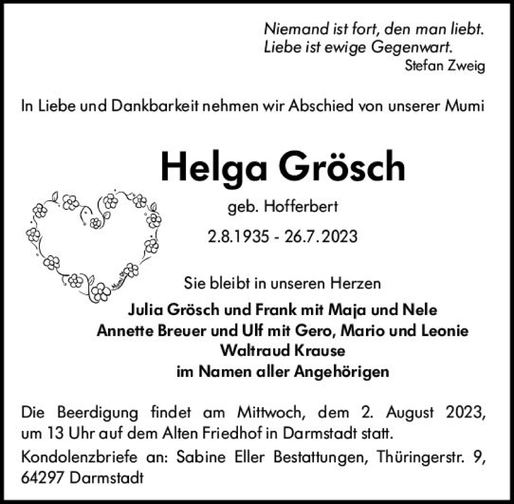  Traueranzeige für Helga Grösch vom 29.07.2023 aus Darmstädter Echo