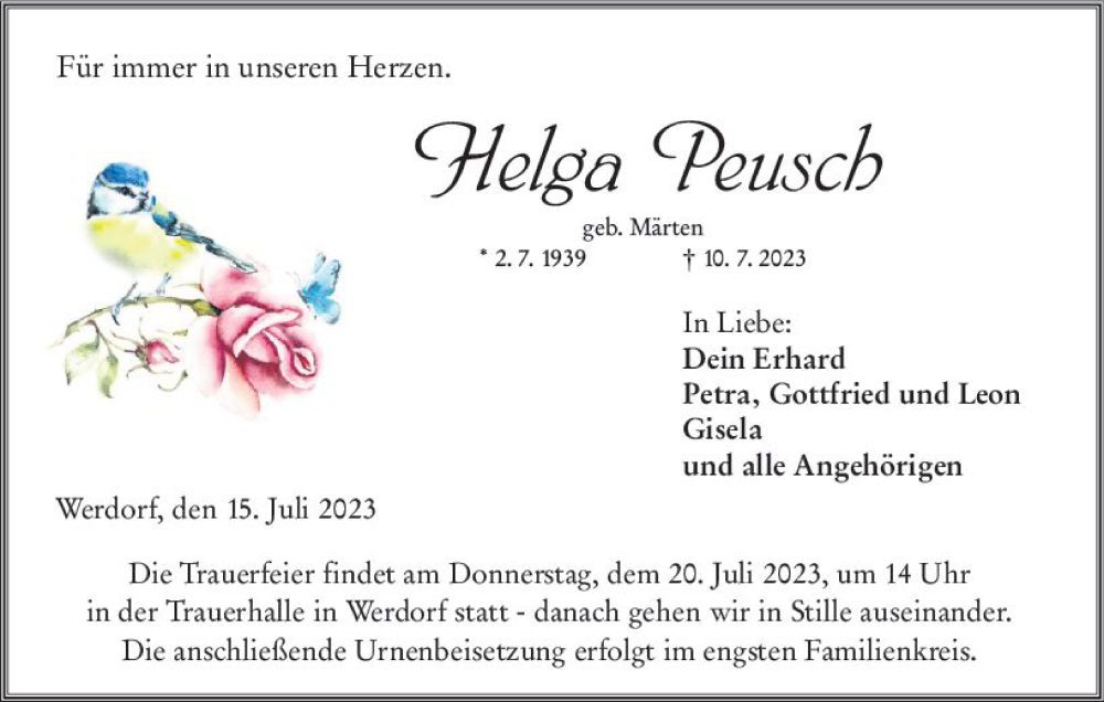  Traueranzeige für Helga Peusch vom 15.07.2023 aus Wetzlarer Neue Zeitung