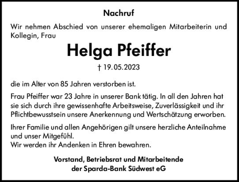  Traueranzeige für Helga Pfeiffer vom 15.07.2023 aus Allgemeine Zeitung Mainz