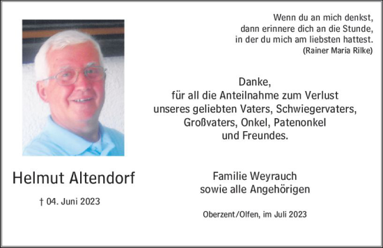 Traueranzeige von Helmut Altendorf von Odenwälder Echo