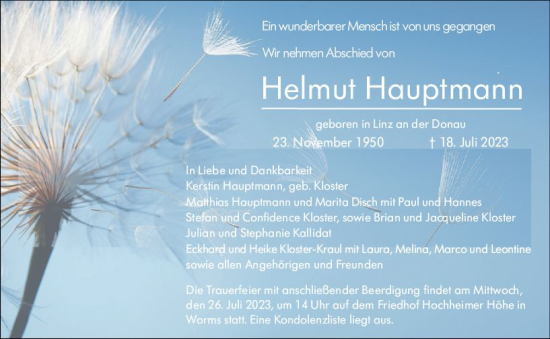 Traueranzeige von Helmut Hauptmann von Wormser Zeitung