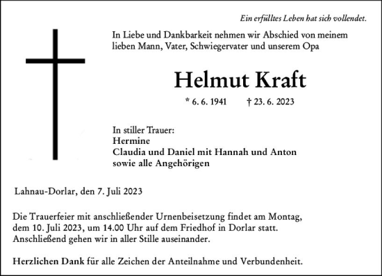 Traueranzeige von Helmut Kraft von Wetzlarer Neue Zeitung