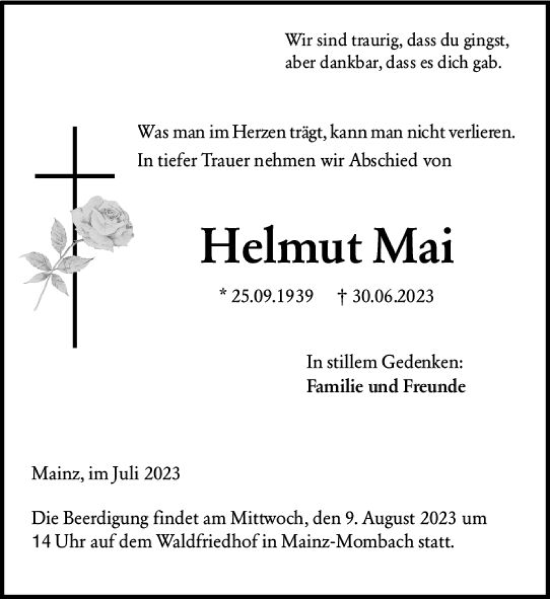 Traueranzeige von Helmut Mai von Allgemeine Zeitung Mainz