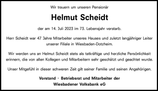 Traueranzeige von Helmut Scheidt von Wiesbadener Kurier