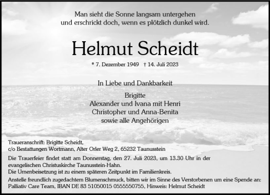 Traueranzeige von Helmut Scheidt von Wiesbadener Kurier