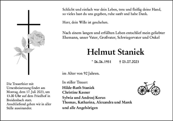 Traueranzeige von Helmut Staniek von Hinterländer Anzeiger